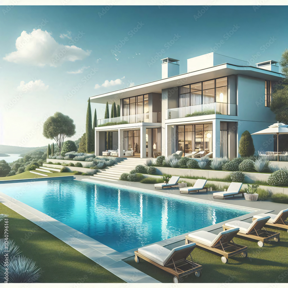 Modern luxury house with large pool at sunset. Lush landscape Modern luxury house with large pool at sunset. Lush landscape