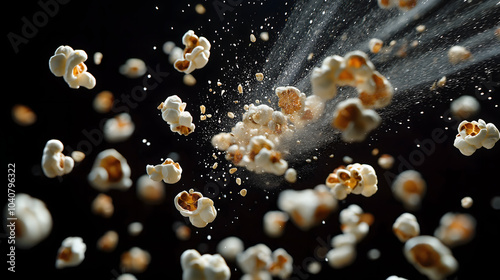 flying popcorn kernels against a dark background, celebrating Popcorn Day with dynamic motion and cinematic vibes.