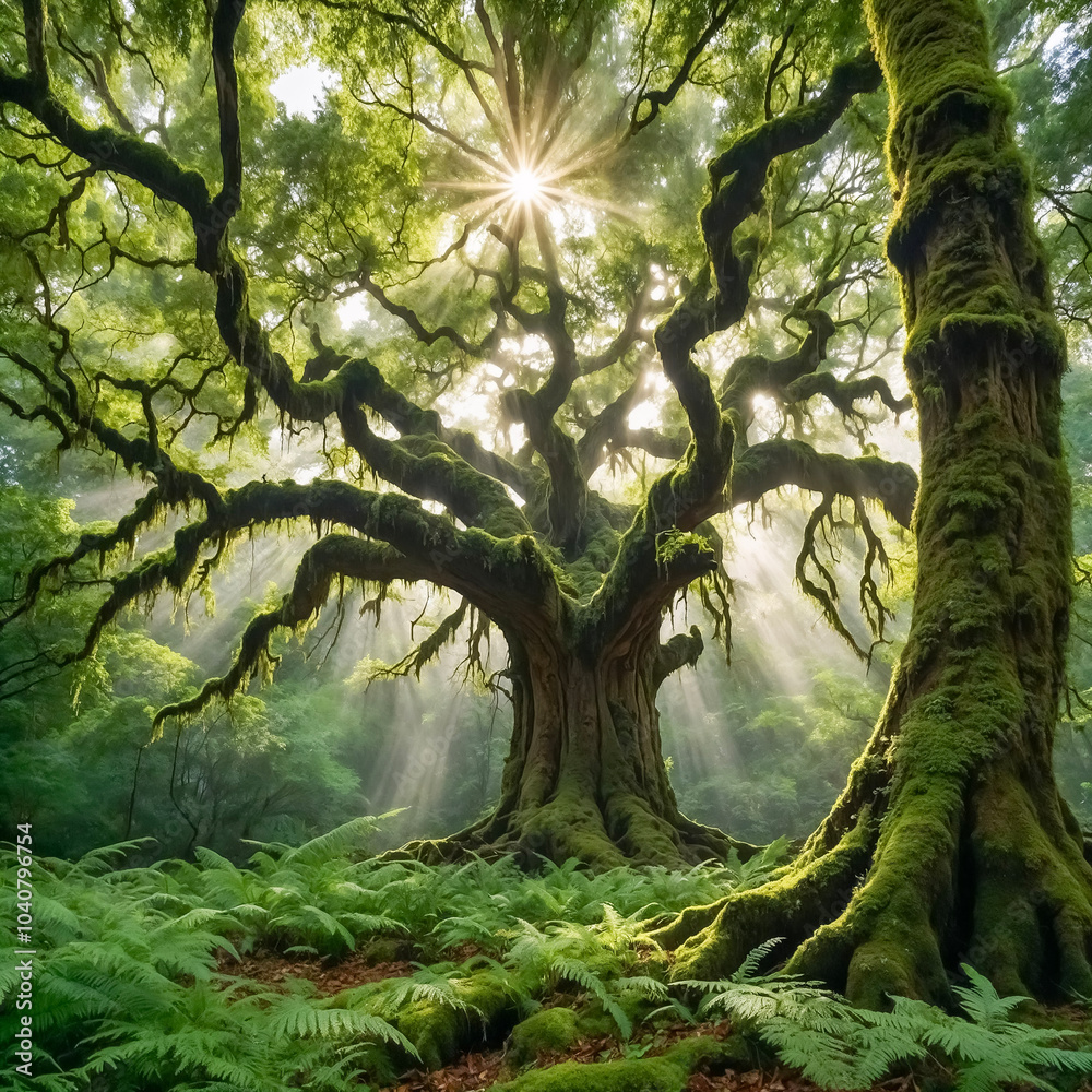 Fototapeta premium Enchanted Forest: Sunlight Through an Ancient Tree