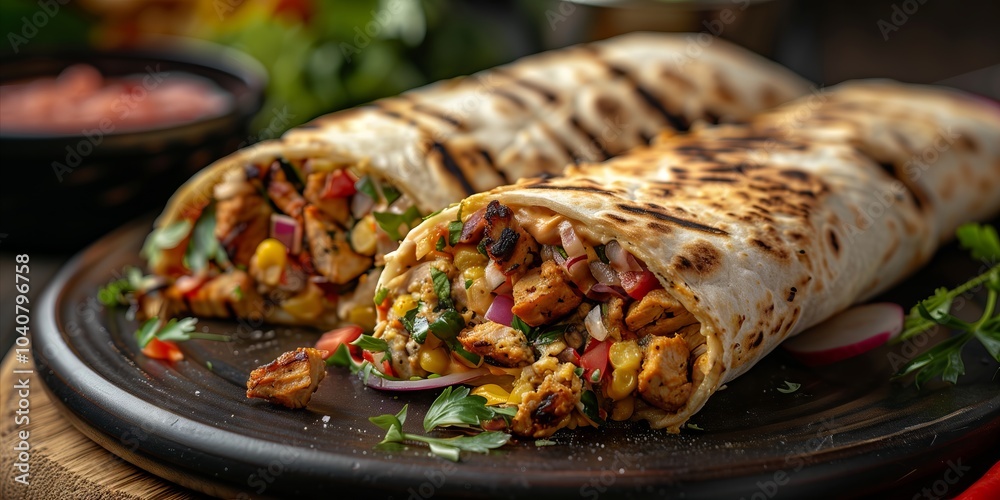 Delicious chicken wrap served on a wooden platter garnished with fresh herbs. Generative AI Delicious chicken wrap served on a wooden platter garnished with fresh herbs. Generative AI