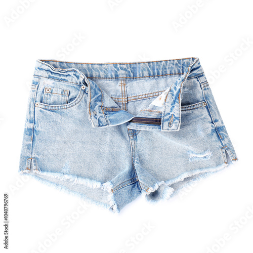 Stylish light blue denim shorts isolated on white, top view