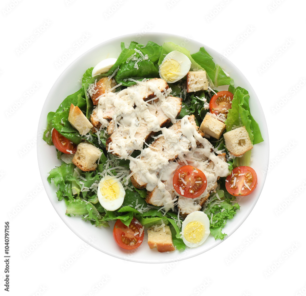 Tasty Caesar salad with chicken and tomatoes in bowl isolated on white, top view Tasty Caesar salad with chicken and tomatoes in bowl isolated on white, top view