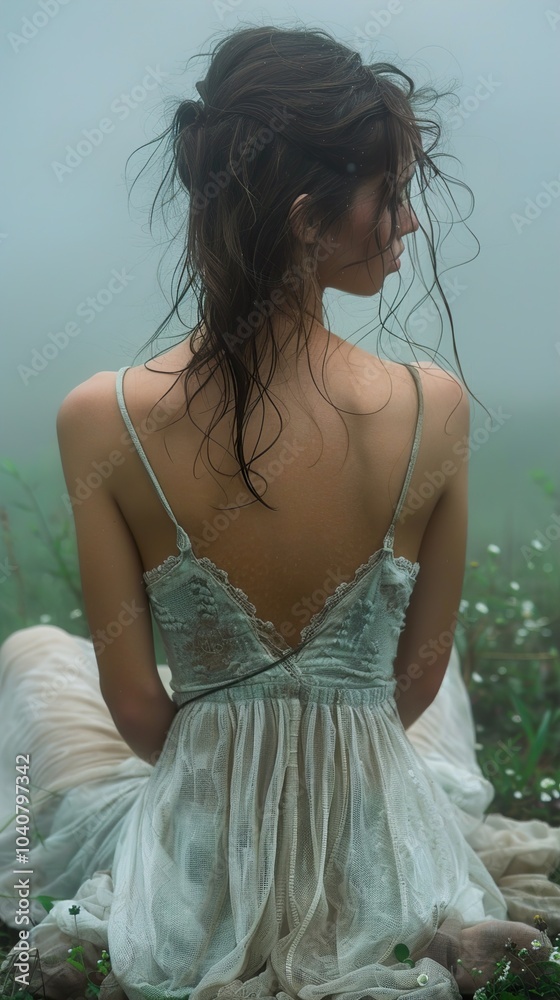 Woman in White Dress Sitting in Foggy Forest Woman in White Dress Sitting in Foggy Forest