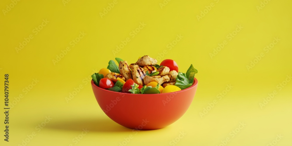 A sleek 3D icon of a bowl of grilled chicken salad, showcasing fresh ingredients, isolated against a bright background A sleek 3D icon of a bowl of grilled chicken salad, showcasing fresh ingredients, isolated against a bright background