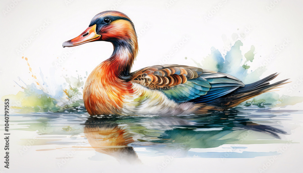 Fototapeta premium A vibrant watercolor painting of a duck swimming in a pond. The duck's feathers are a mix of brown, orange, and green, and the water is a beautiful blue with ripples