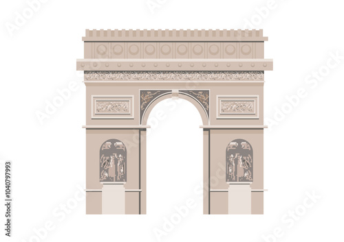 フランス　パリの凱旋門のイラスト　観光名所　白背景　ベクターデータ