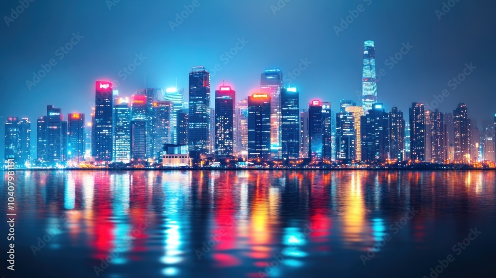 Fototapeta premium A vibrant cityscape at night with colorful lights reflecting on the water.
