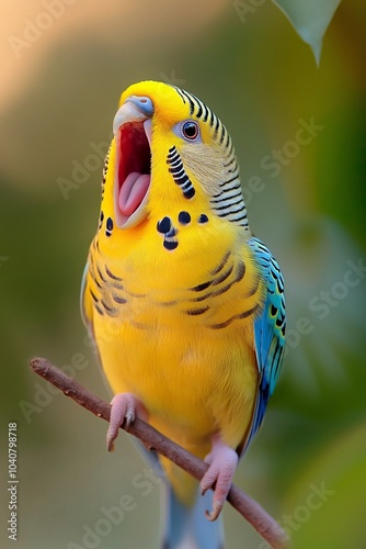 A vibrant yellow and blue budgie perches on an apple tree branch, its beak open in laughter as it gazes directly at the camera with sparkling eyes. The background is a soft gradient of warm hues