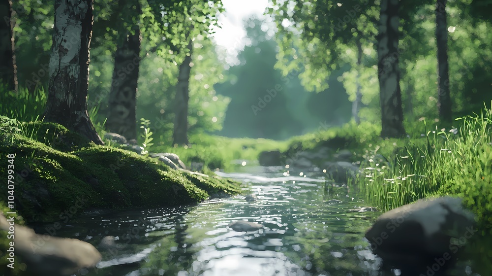 Tranquil Stream Flowing Through a Lush Green Forest Tranquil Stream Flowing Through a Lush Green Forest