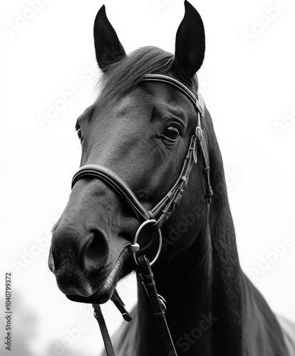 Black horse portrait in bridle, monochrome background photo