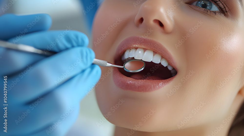 Patient receiving a dental check-up in a clinic with a hygienist using tools for examination Patient receiving a dental check-up in a clinic with a hygienist using tools for examination