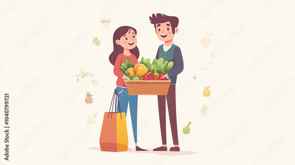 Happy couple holding a basket of fresh vegetables and fruits, cheerful market scene. Happy couple holding a basket of fresh vegetables and fruits, cheerful market scene.
