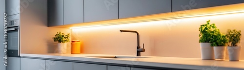A modern kitchen showcases sleek cabinetry, stylish faucet, and illuminated backsplash, complemented by vibrant plants enhancing the atmosphere.
