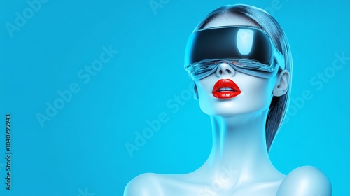 A beautiful woman in a futuristic outfit, wearing virtual reality glasses, a metallic neck collar, and red lipstick, against a blue background. The design is minimalistic, 