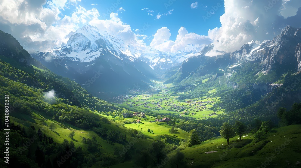 Naklejka premium Picturesque Alpine Valley with Snow-Capped Peaks and Verdant Slopes
