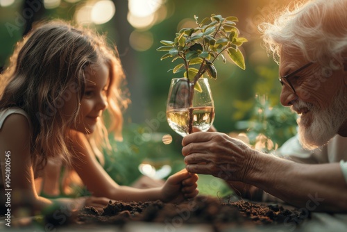 Family Planting Tree to Honor Loved One in Forest, Symbolizing Life and Legacy photo