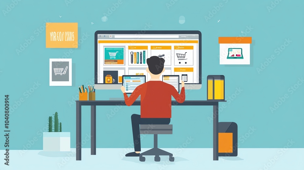 Person working at a computer, engaging in online shopping and e-commerce activities. Person working at a computer, engaging in online shopping and e-commerce activities.