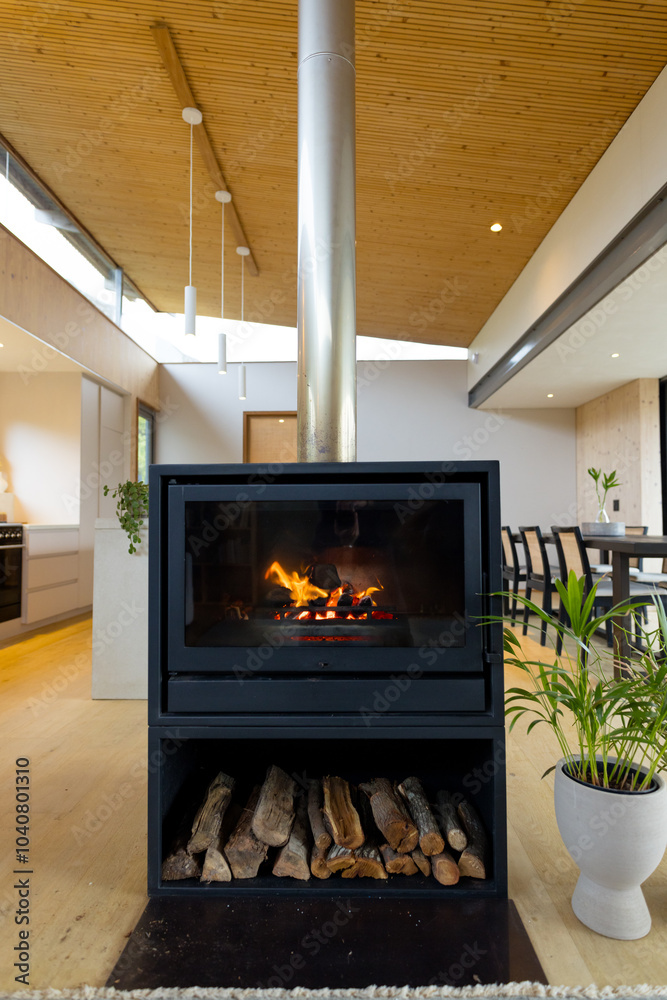 Cozy fireplace warming modern living room with stacked firewood and plants, at home