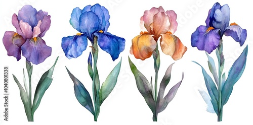 Four watercolor iris flowers with different colors, on a white background.