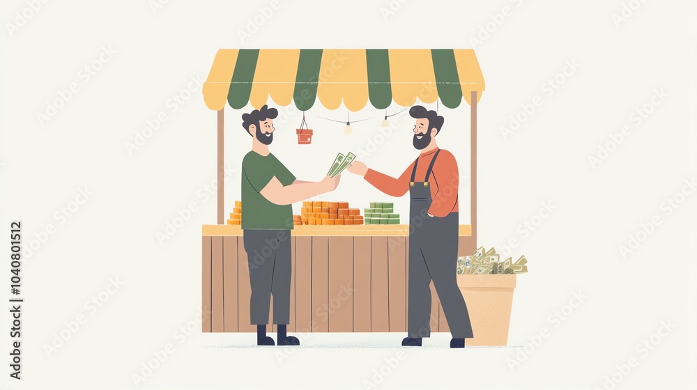 Two men exchanging money at a market stand, produce visible in the background. Two men exchanging money at a market stand, produce visible in the background.