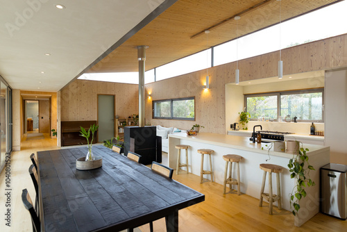 Modern open-plan kitchen and dining area with natural wood accents and plants, at home photo