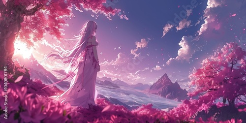 A serene figure in a flowing gown stands among blooming pink flowers at sunset. Generative AI