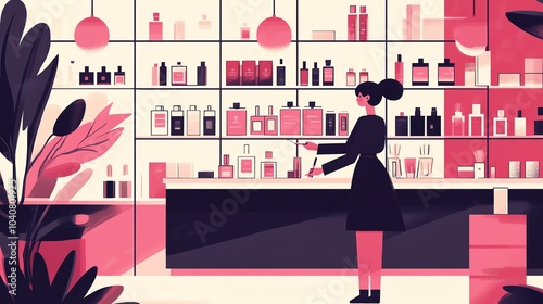 Woman in a beauty store surrounded by various beauty products.