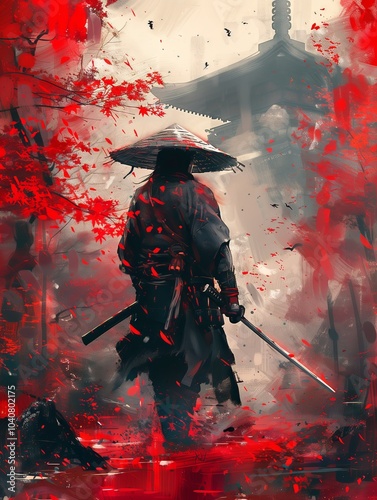 A lone warrior stands amidst red foliage in an ancient Asian landscape. Generative AI