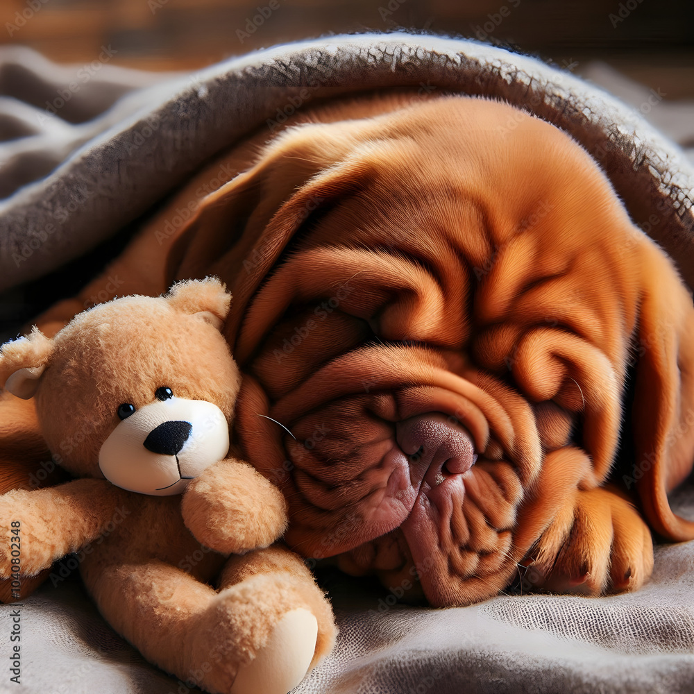 Perro cachorro tierno durmiendo con peluche Perro cachorro tierno durmiendo con peluche