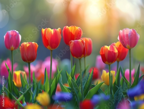 Colorful tulip garden in full bloom during a sunny spring afternoon. Generative AI