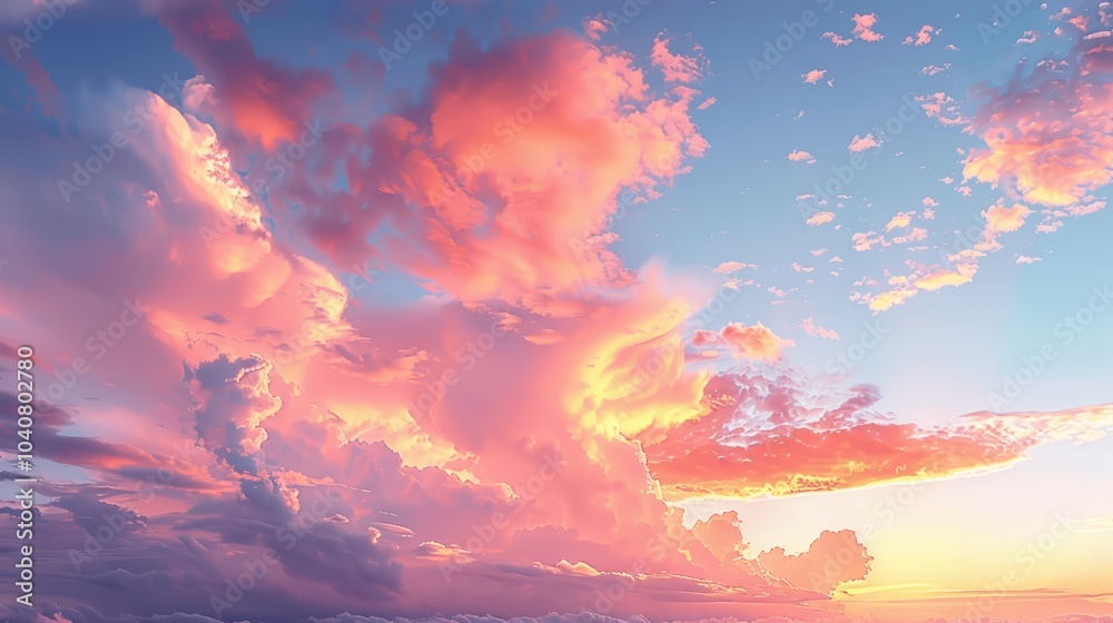 Sunset Sky with Pink and Orange Clouds, Summer Sky Background