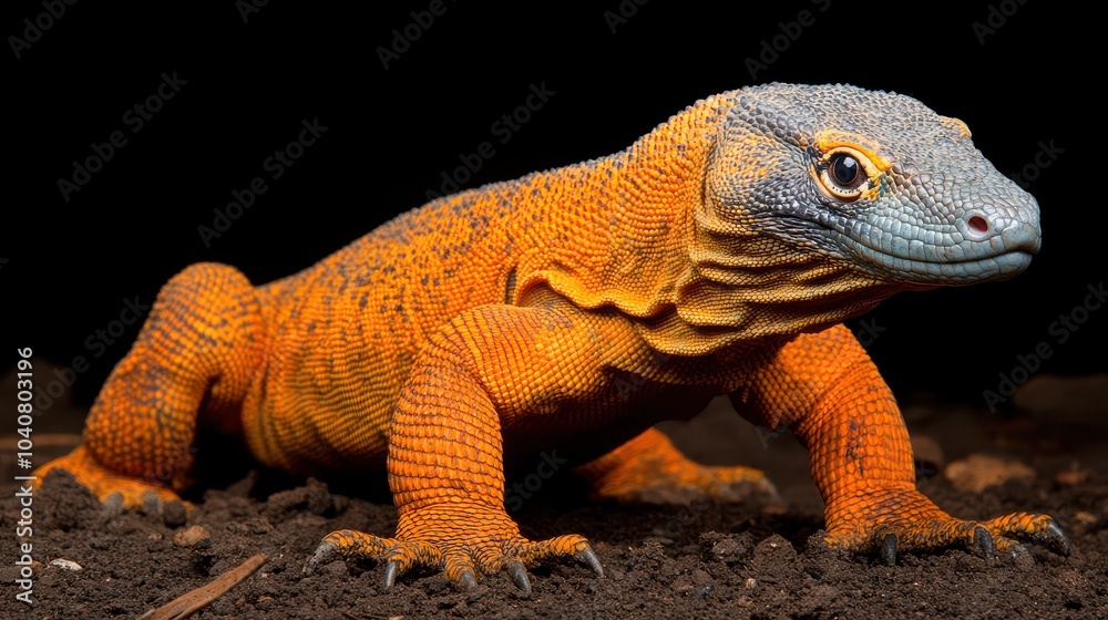 Obraz premium Full body view of a brightly colored orange lizard standing on dirt in a natural setting