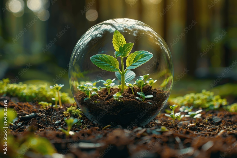 Glass Sphere in Lush Forest Representing Sustainability and Climate Change Awareness Glass Sphere in Lush Forest Representing Sustainability and Climate Change Awareness