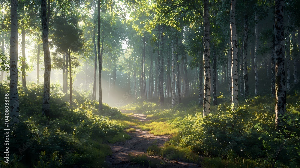 Obraz premium Sunlit Path Through a Misty Birch Forest