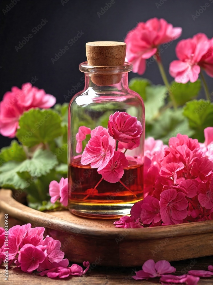 A clear glass bottle of geranium oil is placed on a wooden tray, surrounded by freshly picked geranium flowers A clear glass bottle of geranium oil is placed on a wooden tray, surrounded by freshly picked geranium flowers