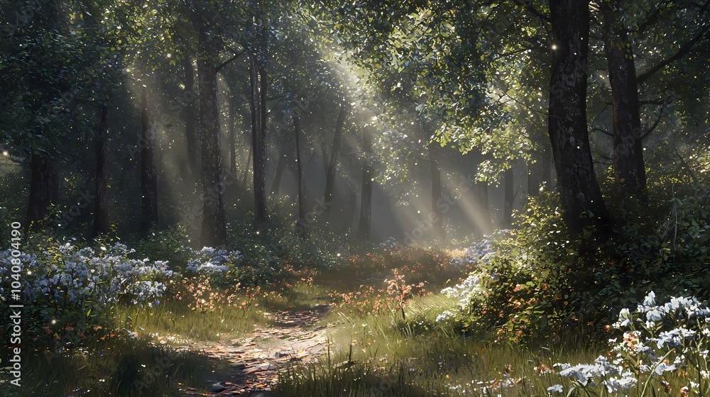 Obraz premium Sunbeams Through a Lush Forest Path