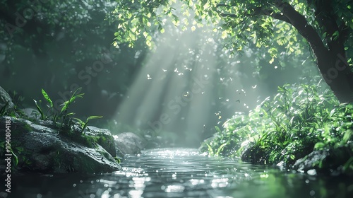 Sunbeams Illuminating a Tranquil Forest Stream with Flying Insects
