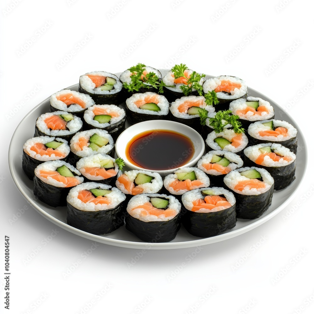 Detailed 3D rendering of a platter of sushi rolls, arranged beautifully with soy sauce, isolated against a white background Detailed 3D rendering of a platter of sushi rolls, arranged beautifully with soy sauce, isolated against a white background