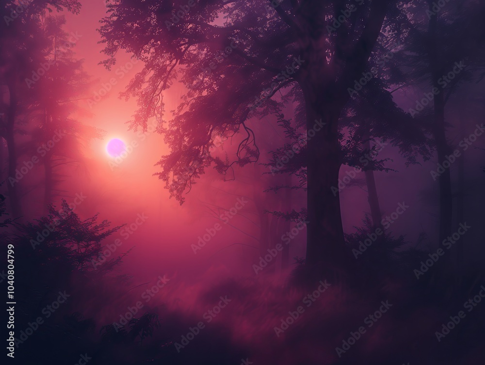 Obraz premium Misty forest at sunset casting ethereal hues with silhouettes of tall trees. Generative AI
