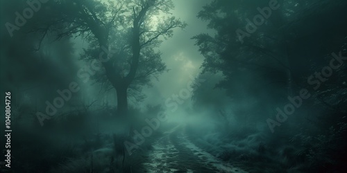 Mysterious fog envelops a quiet forest path during early morning hours. Generative AI