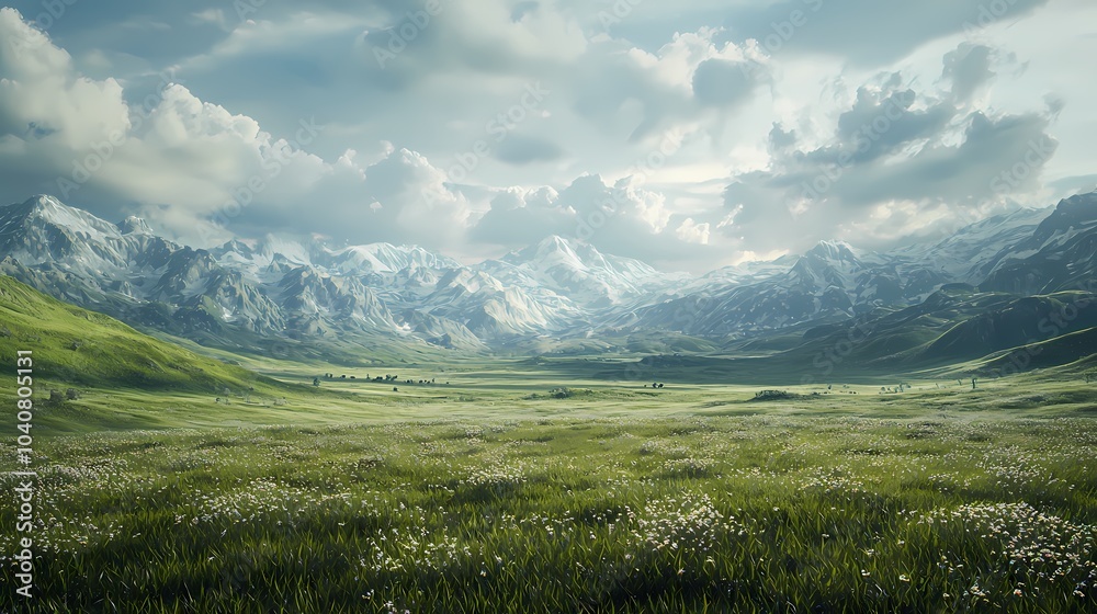Obraz premium A lush green meadow at the foot of snow-capped mountains under a bright, cloudy sky.