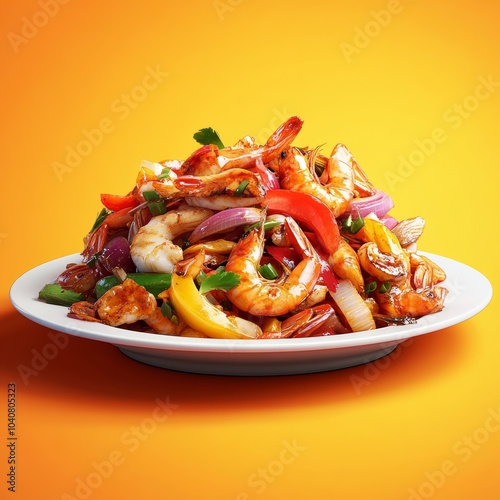 Detailed 3D representation of a plate of spicy seafood stir-fry, showcasing vibrant colors, isolated against a bright backdrop