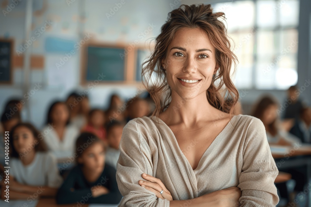 Female teacher smiling with arms crossed in front of students in classroom Female teacher smiling with arms crossed in front of students in classroom