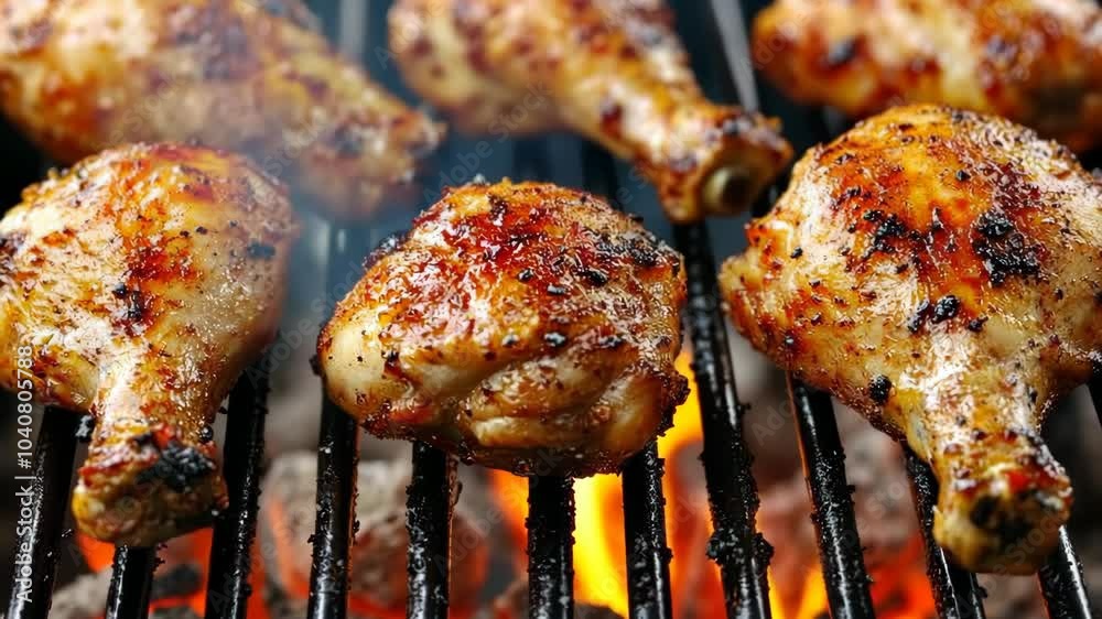 Grilled chicken legs and thighs cooking on a hot grill