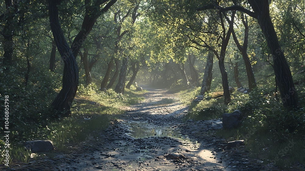 Naklejka premium A Sunlit Path Through a Lush Forest