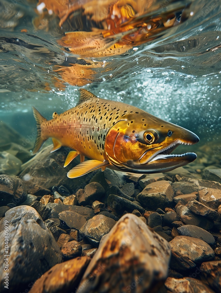 Naklejka premium Brown trout swimming in clear water among rocks in a natural habitat. Generative AI
