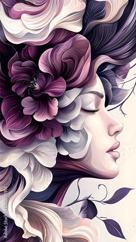 A surreal and highly stylized profile of a woman with hair made up of wavy spiral petals.