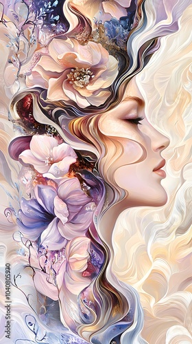 A surreal and highly stylized profile of a woman with hair made up of wavy spiral petals.