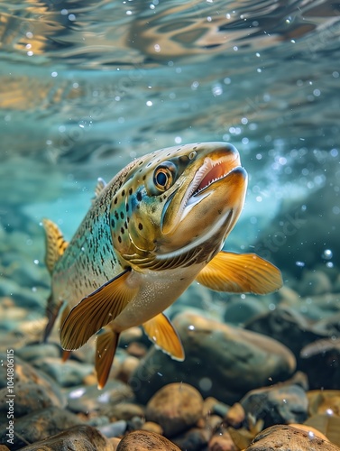Brown trout swimming gracefully in clear water among rocks. Generative AI