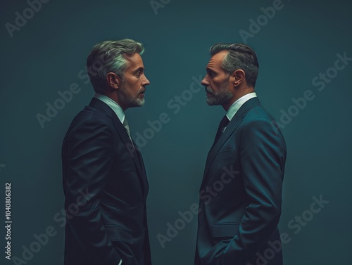 Two men in formal suits facing each other with a serious expression in dim lighting. Generative AI